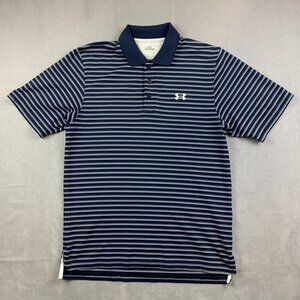 Under Armour Mens Shirt Medium Navy Blue Striped Polo Golf Performance Stretch